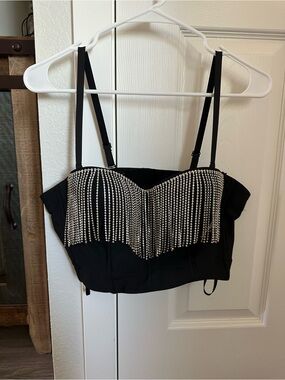 Black Rhinestone Fringe Bustier Crop Top
